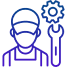 Icon of a worker holding a wrench with a gear above.