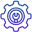Blue gear icon with a checkmark inside a circle.