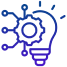Blue icon of a lightbulb with interconnected nodes and a gear inside.